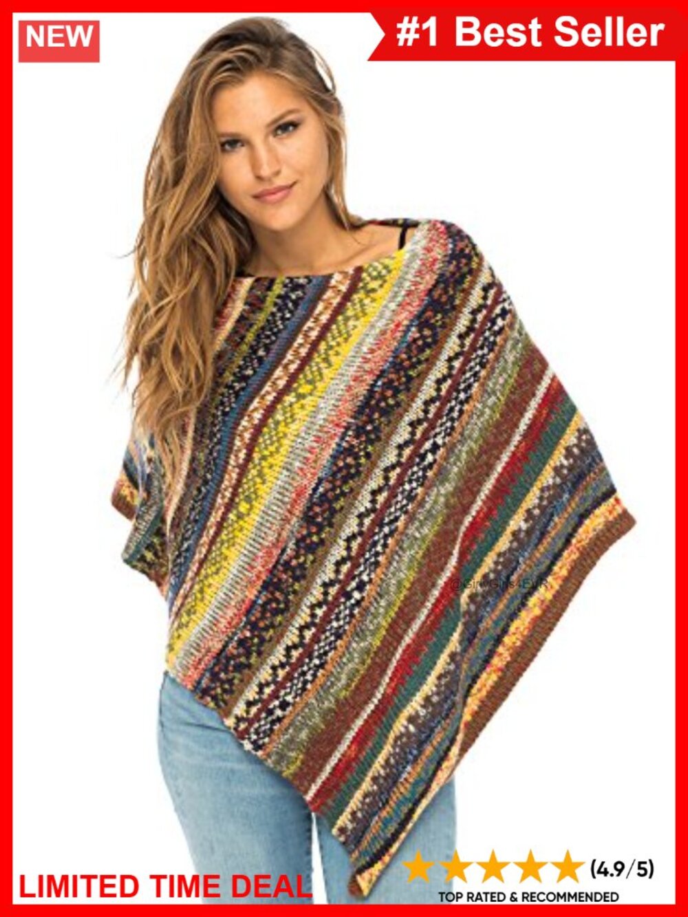 Knit Poncho Sweater Cape Striped Boho Tunic Shawl